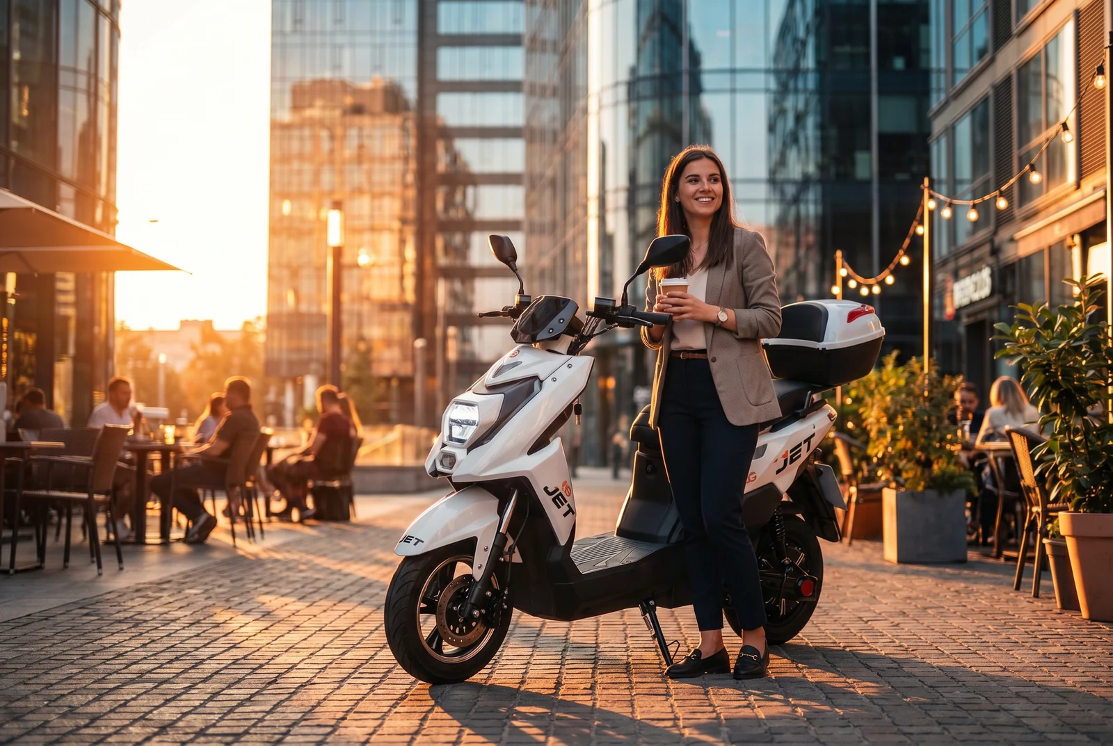 JET em terraço de café urbano ao pôr do sol