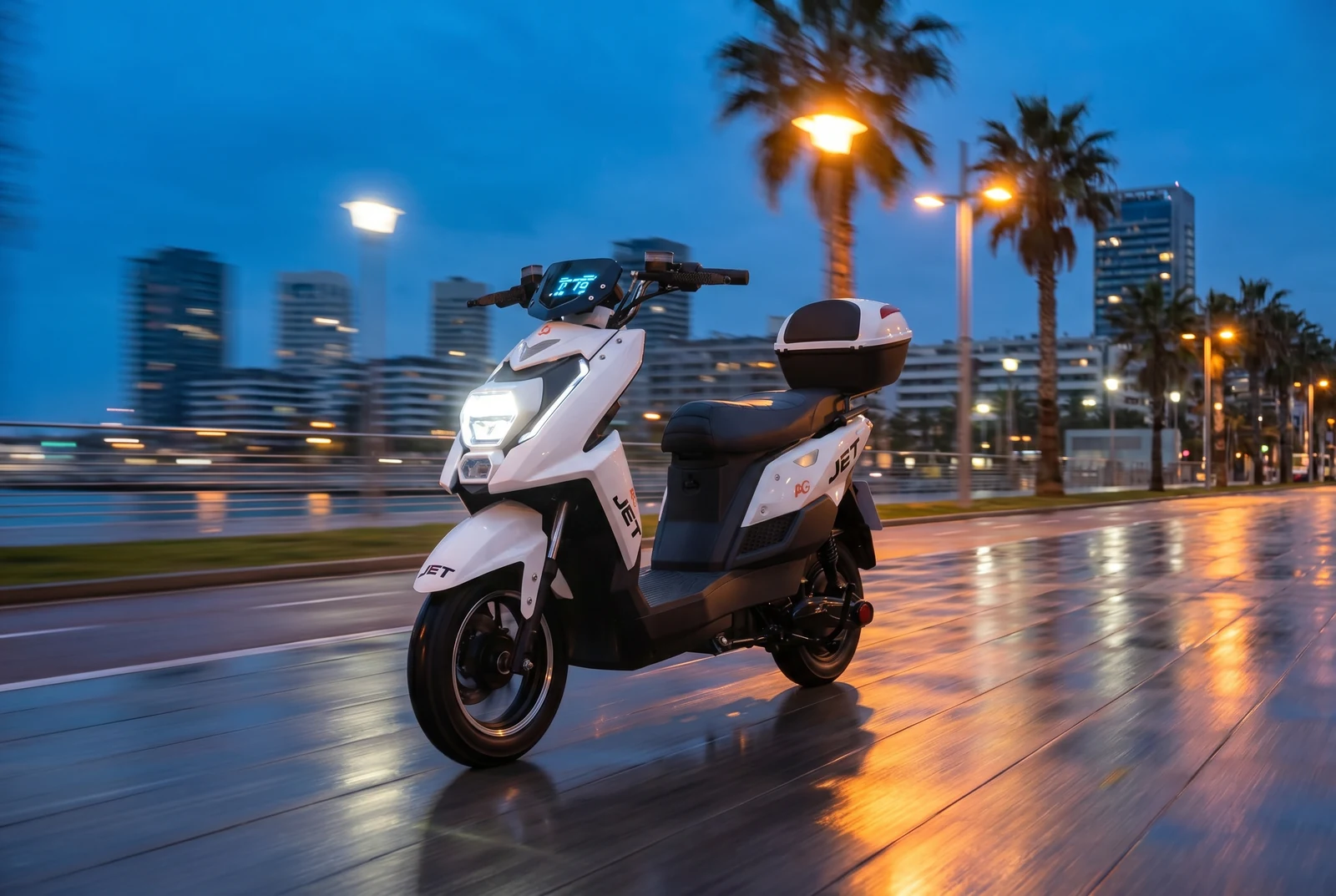 JET em boulevard urbano à noite com luzes da cidade